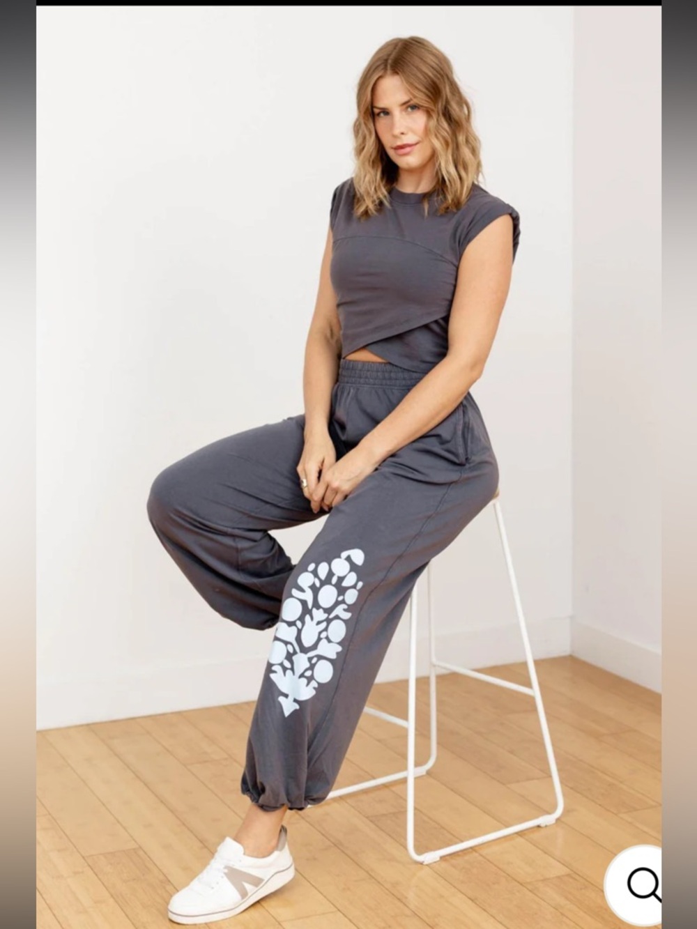 FP Movement by Free People Charcoal Track Joggers with blue Graphic